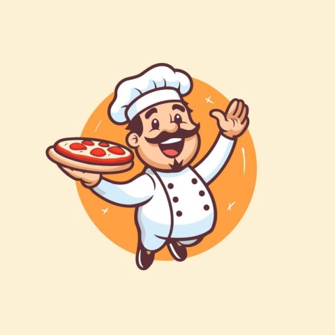Chef holding pizza vector illustration. Cartoon character in fla