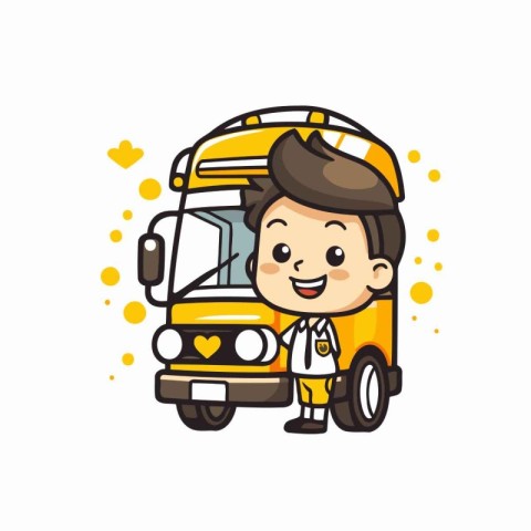 Cute schoolboy riding a school bus. Vector cartoon illustration.