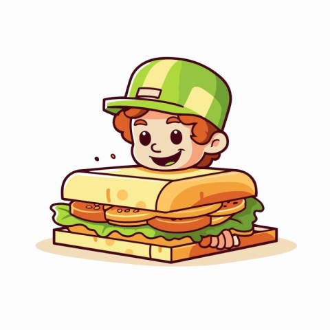 Cute boy with sandwich. Vector illustration. Isolated on white b