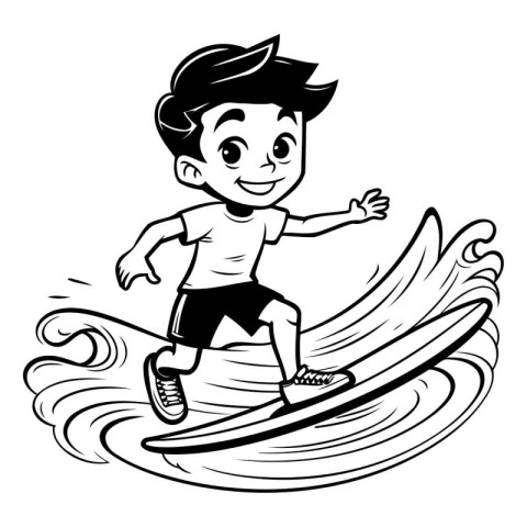 Boy surfing on a wave. black and white vector cartoon illustrati