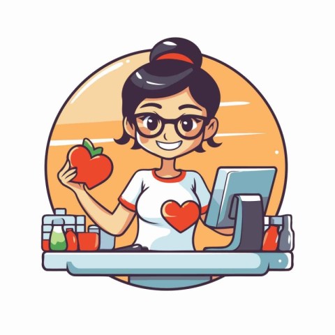 Cartoon vector illustration of a woman working on a laptop and h