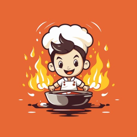 Cute boy chef cooking in a pan on fire. Vector illustration