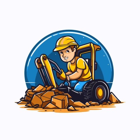 Worker with digger and stone. Vector illustration in cartoon sty