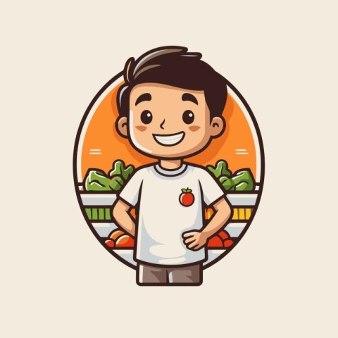 Cute boy cartoon character in a grocery store. Vector illustrati