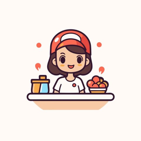 Cute little girl cooking food in the kitchen. Vector illustratio