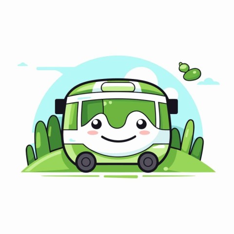 Cute green bus cartoon character in the park. Vector illustratio