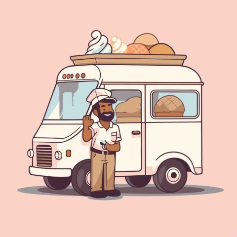 Cartoon man with ice cream truck. Vector illustration in cartoon