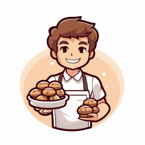 Cute boy holding a plate of freshly baked bread. Vector illustra