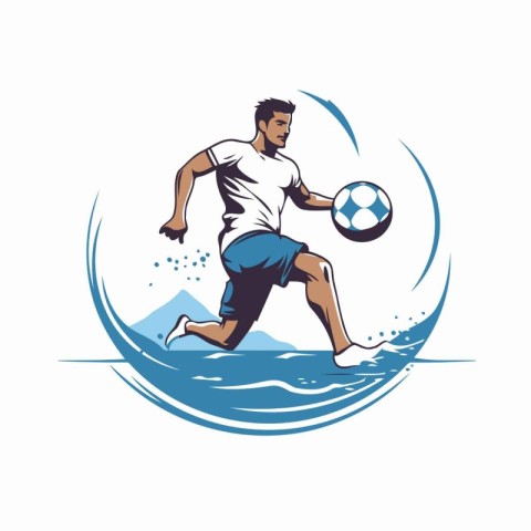 Soccer player with ball on the sea wave. Vector illustration.