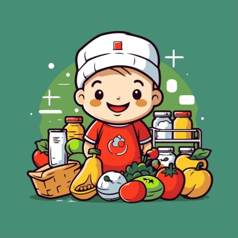 Cute Little Boy Chef with Fresh Vegetables and Fruits. Vector Il