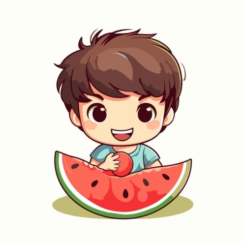 Cute little boy eating watermelon isolated on white background.