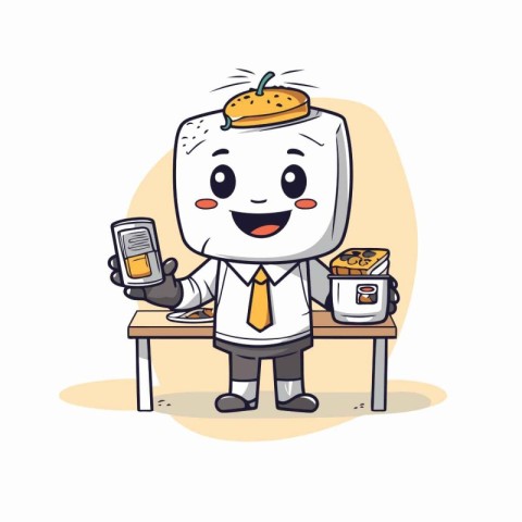 Illustration of a Cute Businessman with a Burger and Mobile Phon