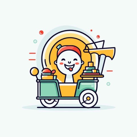 Cute cartoon delivery boy riding a scooter. Vector illustration.