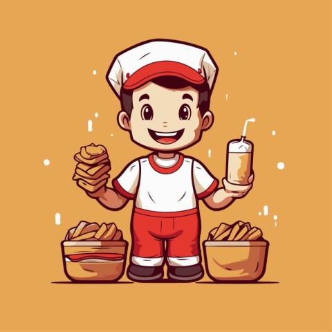 Vector illustration of a cartoon chef with french fries and hot