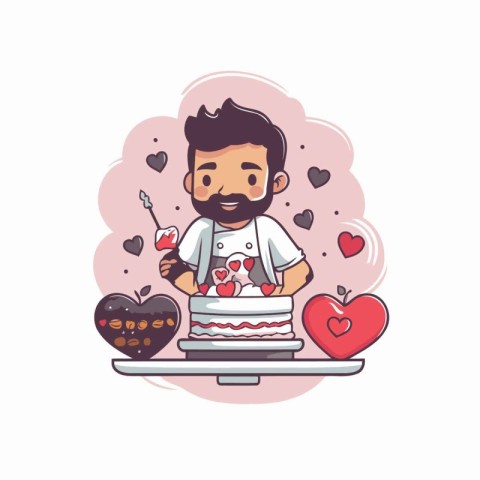 Cute cartoon chef with cake and heart on scale. Vector illustrat