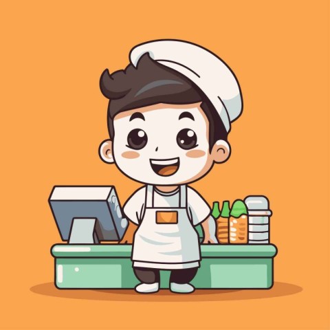 Chef boy cartoon character in flat design. Cheerful and happy