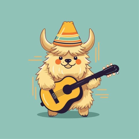 Cute cartoon lama in sombrero playing guitar. Vector illustratio