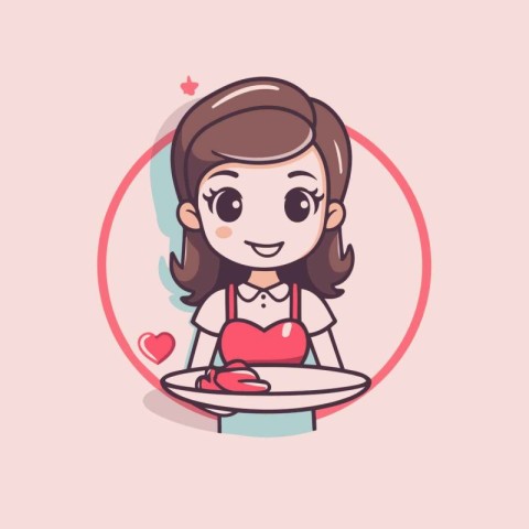 Illustration of a cute girl holding a plate with a red heart