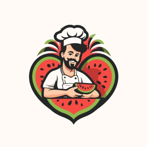 Illustration of a male chef holding a slice of watermelon in hea