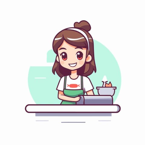 Cute girl cooking in the kitchen. Vector illustration in cartoon