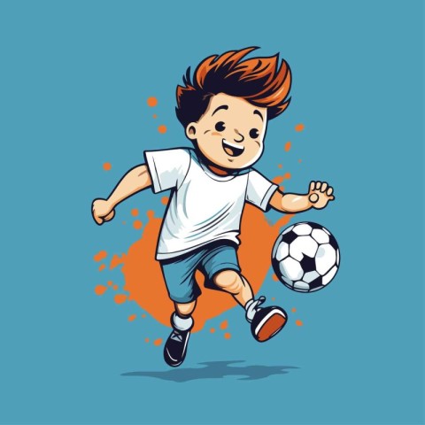 Cute little boy playing football. Vector illustration in cartoon