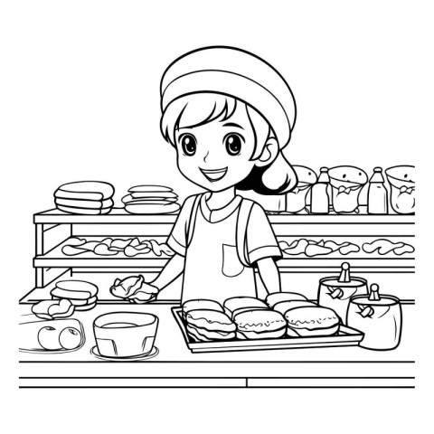 Cute little girl in bakery. black and white vector illustration.