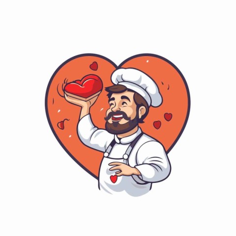 Chef holding a heart in his hand. Vector illustration in cartoon