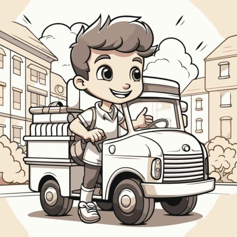 Illustration of a Kid Boy Carrying a Truck in the City