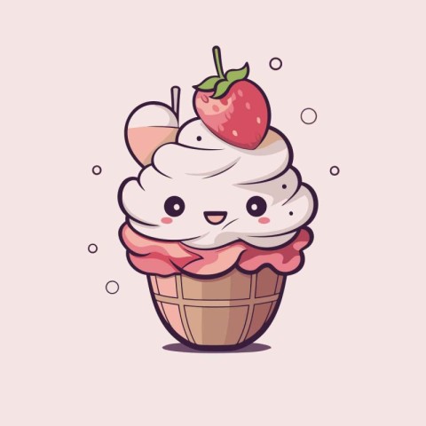 Cute ice cream character with strawberry and cherry. Vector illu