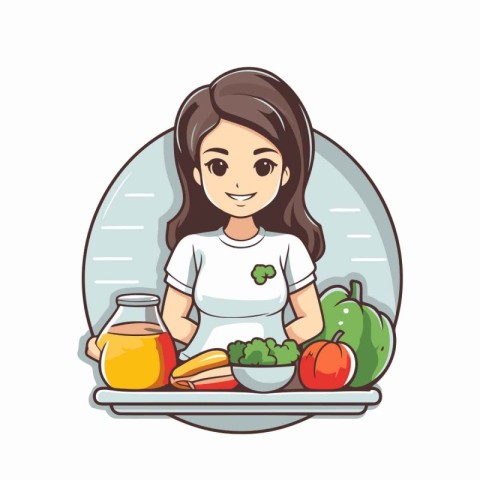 Young woman cooking healthy food. Vector illustration in flat ca