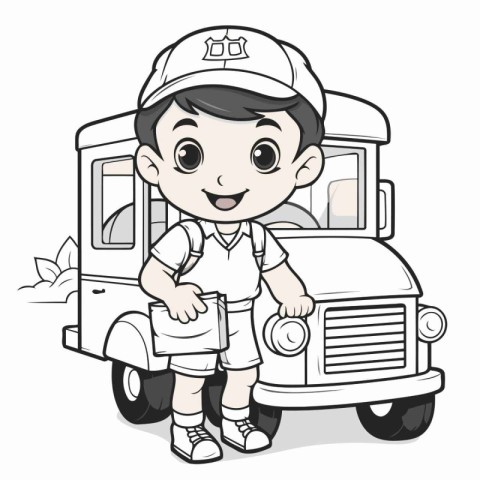 Illustration of a Kid Boy Wearing a Cap Holding a School Bus