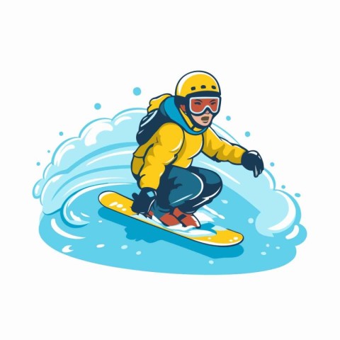 Snowboarder with helmet and goggles jumping in the water. Vector