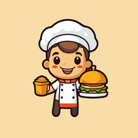 Cute Chef Boy Cartoon Mascot Character With Hamburger And Ice Cr