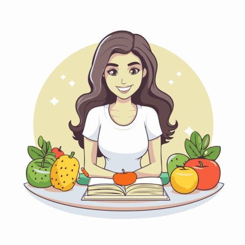 Vector illustration of a young woman reading a book at the table