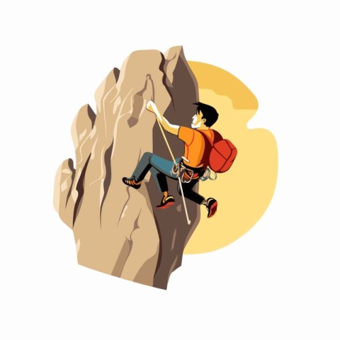 Young man climbing on a cliff. Vector illustration in cartoon st