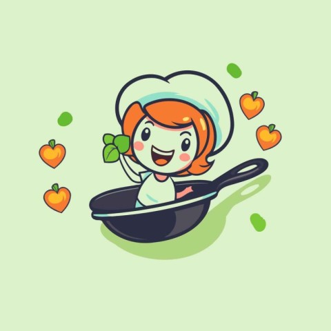 Cartoon cooking girl in a pan with hearts. Vector illustration.