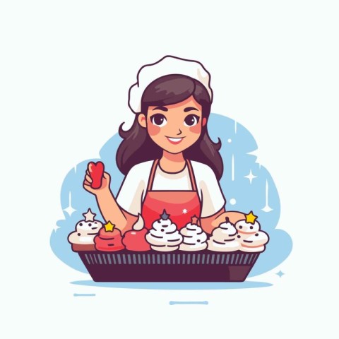 Cute little girl baking cupcakes. Vector illustration in cartoon