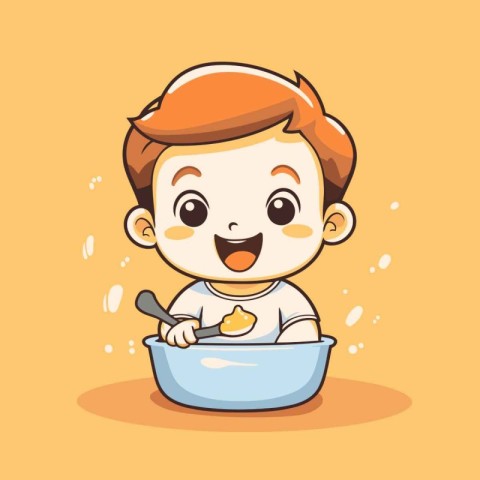 Cute little boy with a bowl of food. Vector illustration.