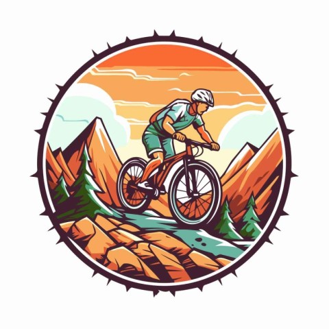 Mountain biker in the mountains. Vector illustration in retro st