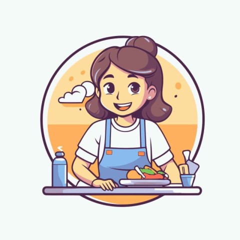 Cute little girl cooking in the kitchen. Vector cartoon illustra