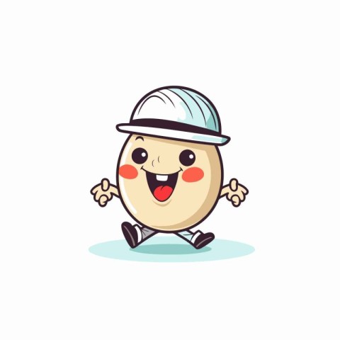 Funny cartoon egg character with hardhat running on white backgr