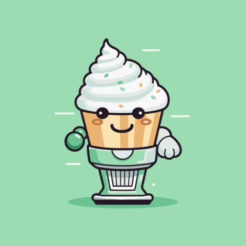 Cute Ice Cream Cupcake Mascot Character with Smiling Face. Vecto