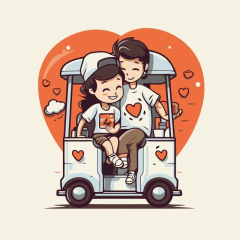 Couple in love riding a tuk-tuk. vector illustration