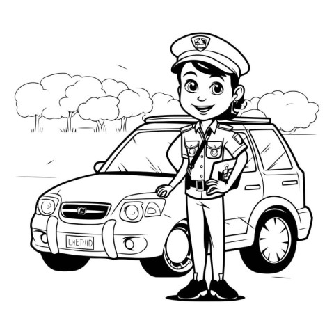 police officer with a car. cartoon vector illustration. black an