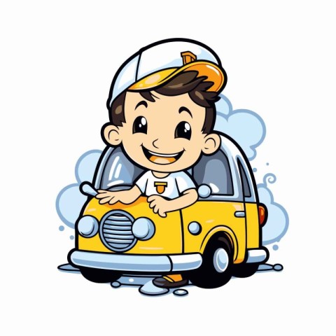 Cute little boy driving a car. Vector cartoon character illustra