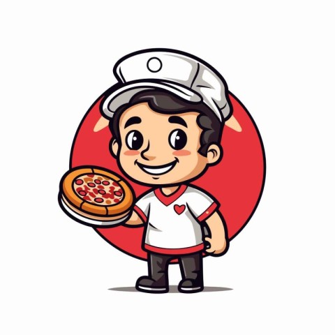 Cartoon chef holding pizza. Vector illustration isolated on whit