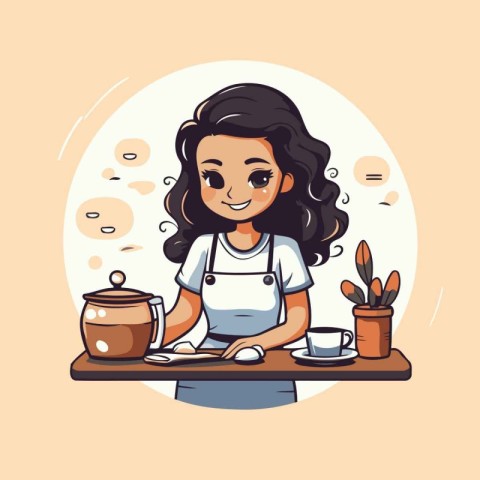 Cute little girl in apron making tea. Vector illustration.