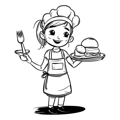 Cartoon chef girl holding a plate and a spoon. Vector illustrati