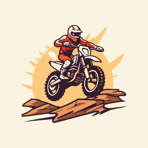 Motocross rider on a forest log. Vector illustration in retro st