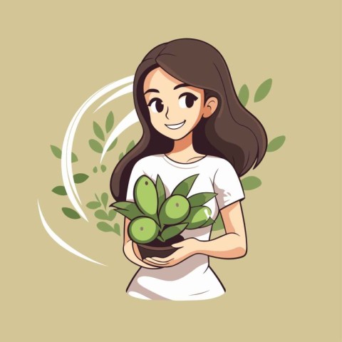 Girl holding green olives in her hands. Vector cartoon illustrat